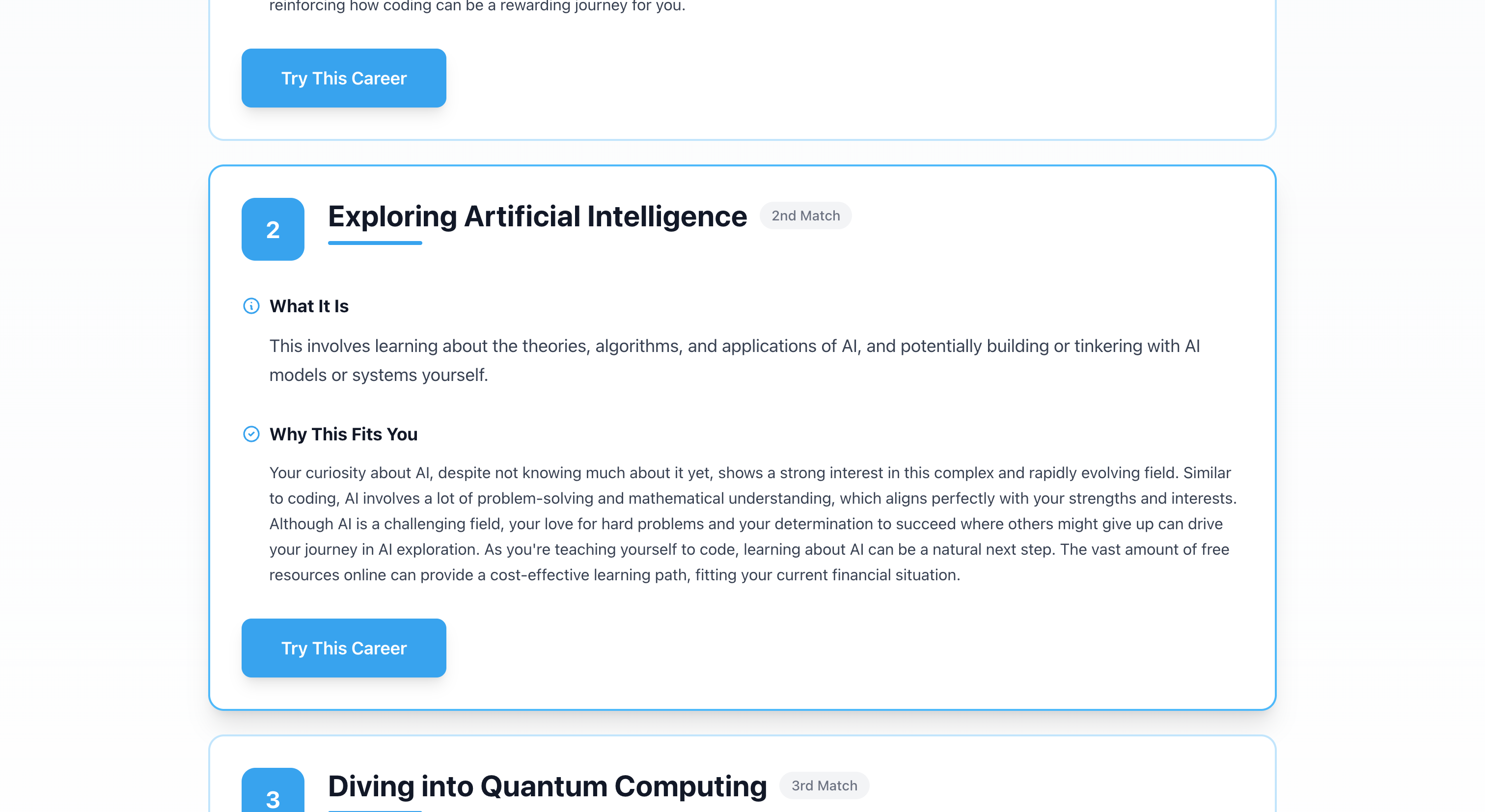 Three career path options displayed